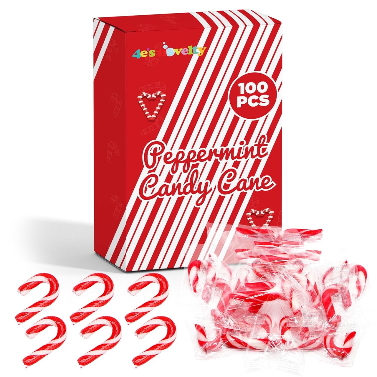 4E's Novelty 100 Pack Christmas Mini Individually Wrapped Candy Canes, Red and White Peppermint Candy Canes, Treats for Holiday Stockings and Family Sharing, Mini Christmas Candies for Occasions